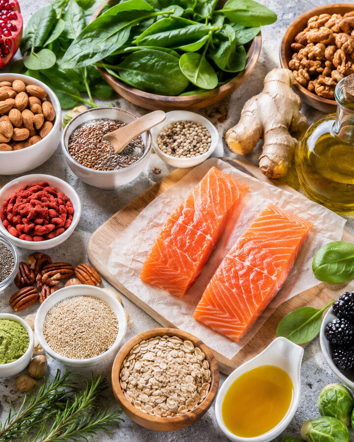 An overhead spread of anti-inflammatory whole foods — wild salmon, blueberries, leafy greens, nuts, seeds, avocado, turmeric, and ginger.
