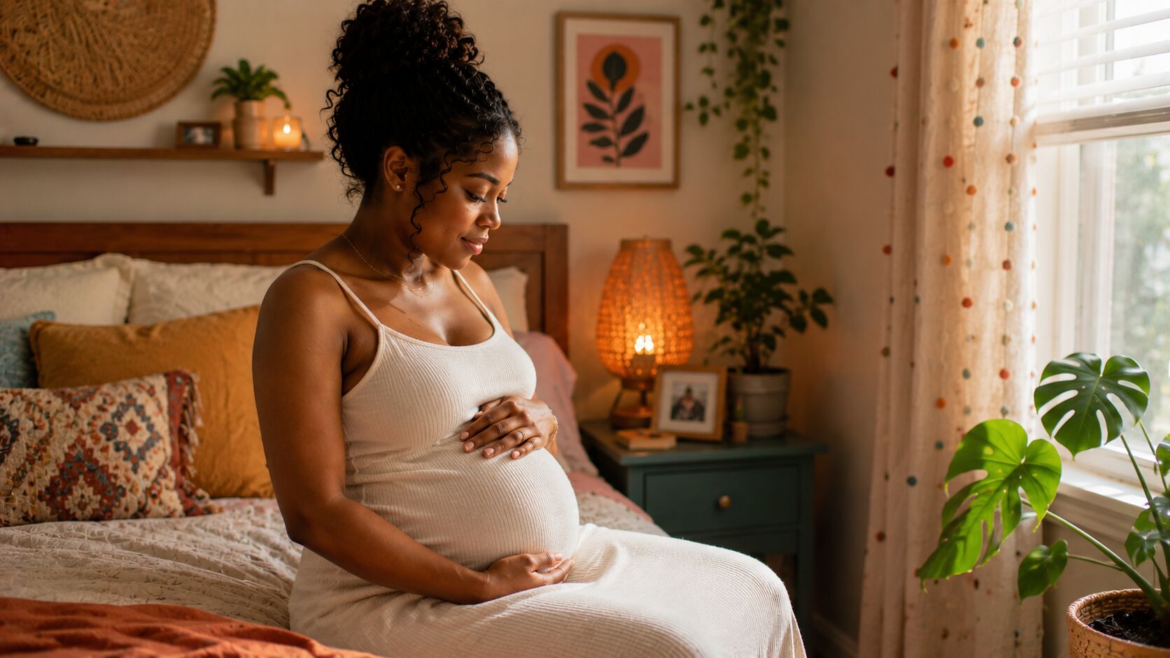A pregnant woman sits on the edge of her bed in a warmly lit bedroom, both hands resting on her belly, looking down quietly.