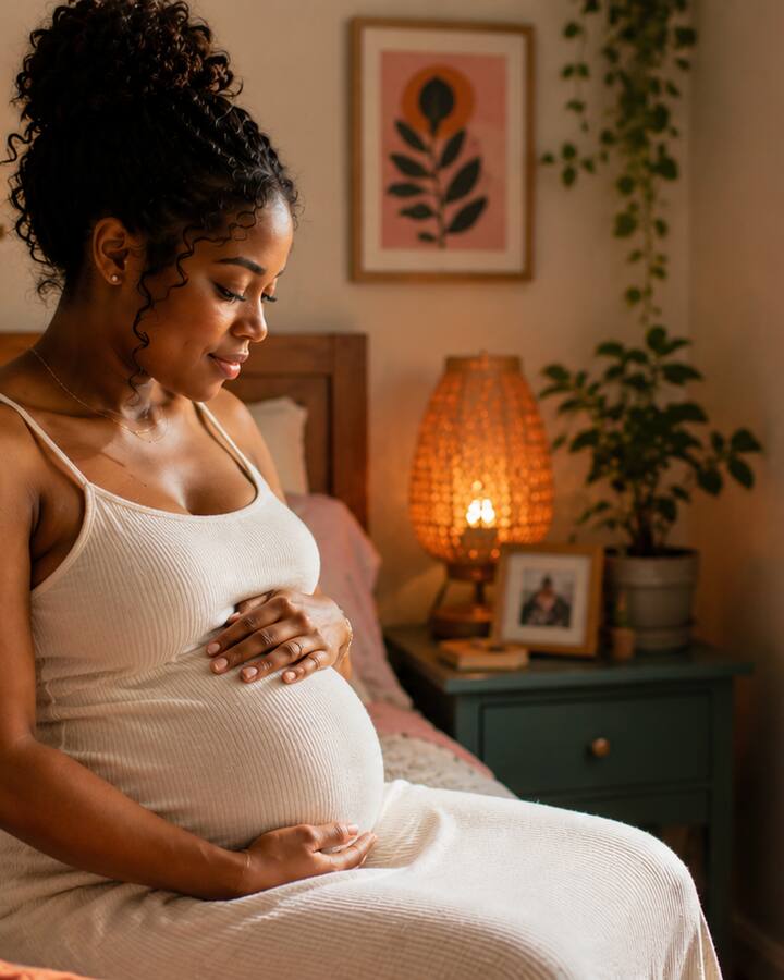 A pregnant woman sits on the edge of her bed in a warmly lit bedroom, both hands resting on her belly, looking down quietly.