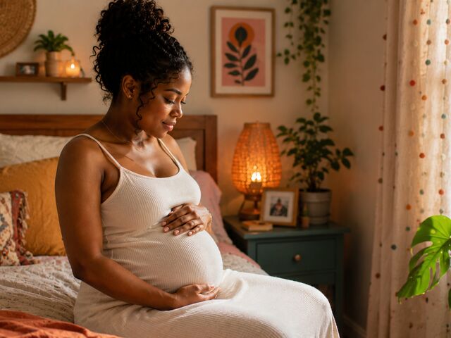 A pregnant woman sits on the edge of her bed, hands resting on her belly.