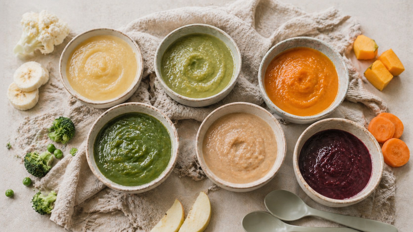 Six small ceramic bowls of smooth, brightly coloured homemade baby purees on a linen cloth, surrounded by fresh vegetables and fruit