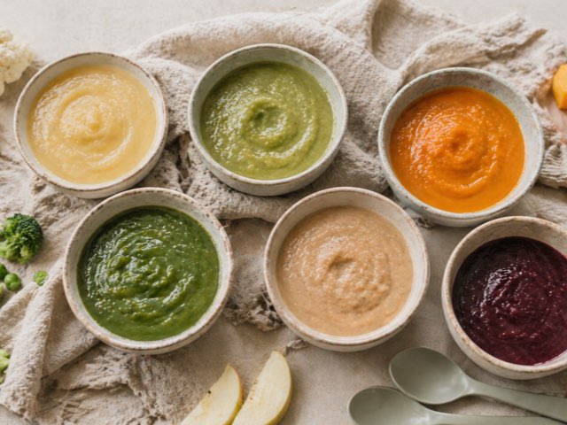 Six small ceramic bowls of smooth, brightly coloured homemade baby purees on a linen cloth, surrounded by fresh vegetables and fruit.