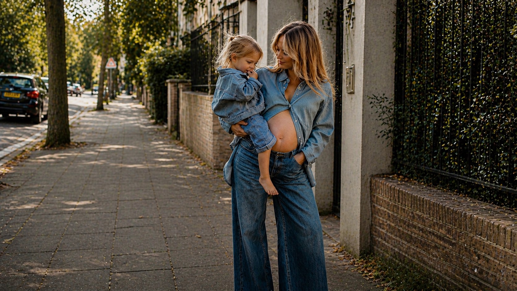 A mother in wide-leg denim holds her toddler on a sunlit tree-lined street, both in soft golden afternoon light.