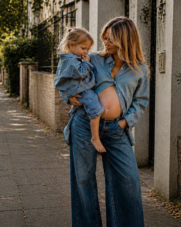 A mother in wide-leg denim holds her toddler on a sunlit tree-lined street, both in soft golden afternoon light.