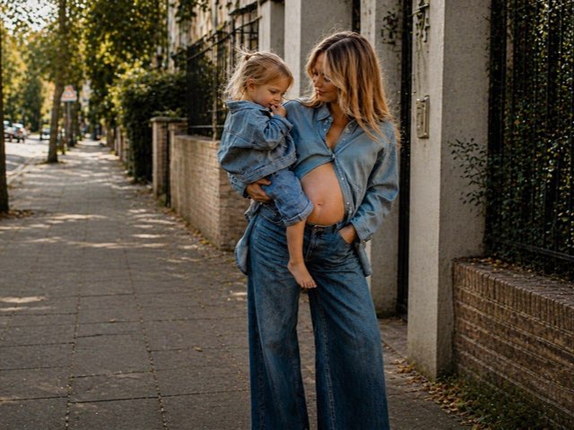 A mother holding her toddler on a sunlit tree-lined street.