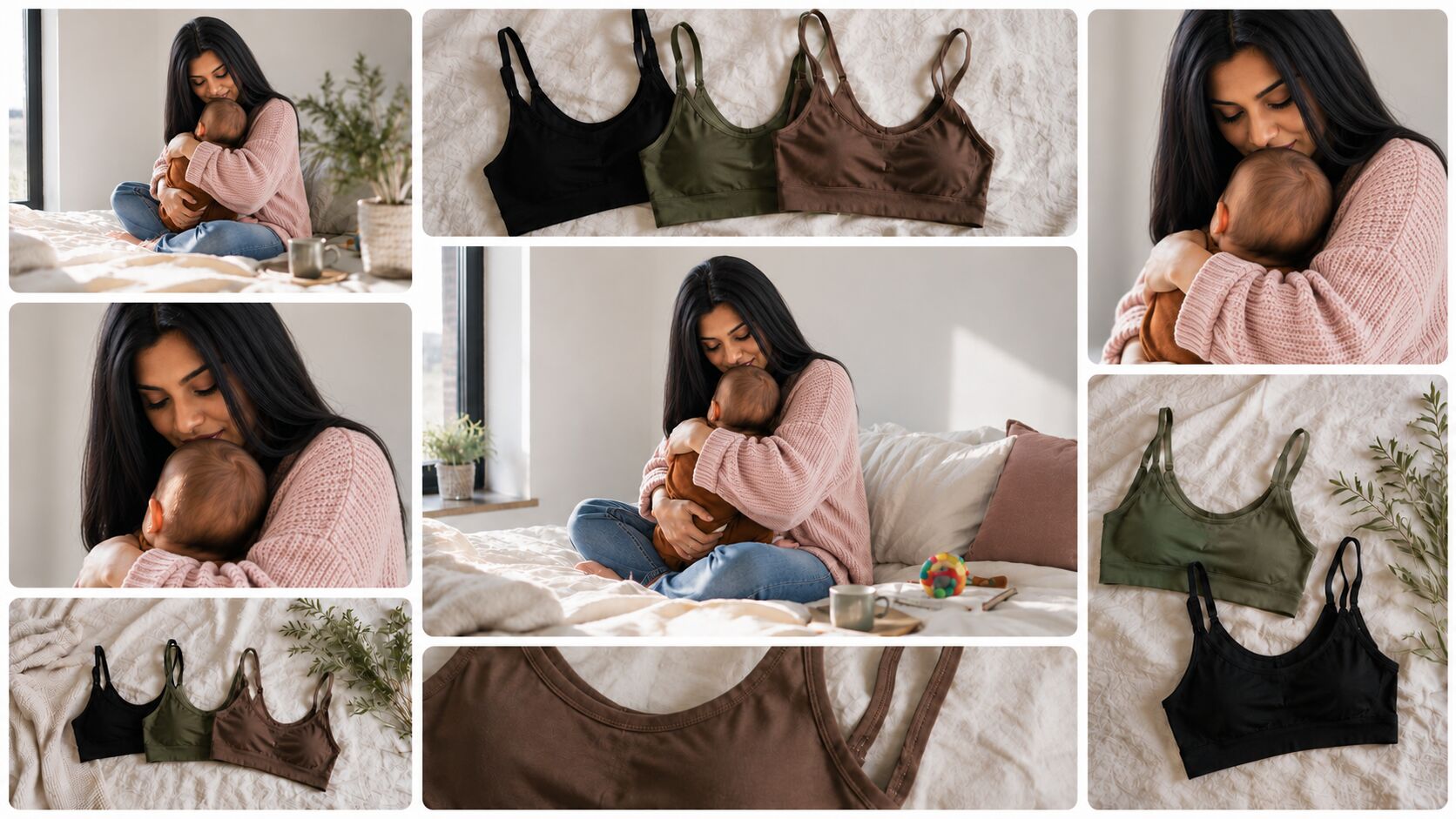 A mother in a pink knit sweater cradles her newborn on a soft bed, alongside flat-lay photographs of seamless nursing bras in black, olive, and brown.