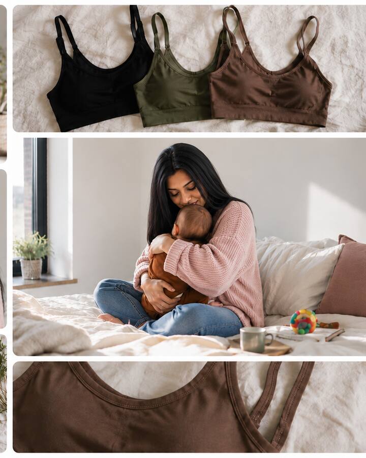 A mother in a pink knit sweater cradles her newborn on a soft bed, alongside flat-lay photographs of seamless nursing bras in black, olive, and brown.