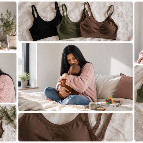 A mother cradling her newborn on a bed beside flat-lay photos of seamless nursing bras in black, olive, and brown.