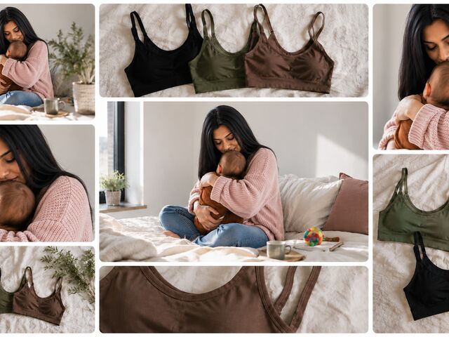 A mother in a pink knit sweater cradles her newborn on a soft bed, alongside flat-lay photographs of seamless nursing bras in black, olive, and brown.
