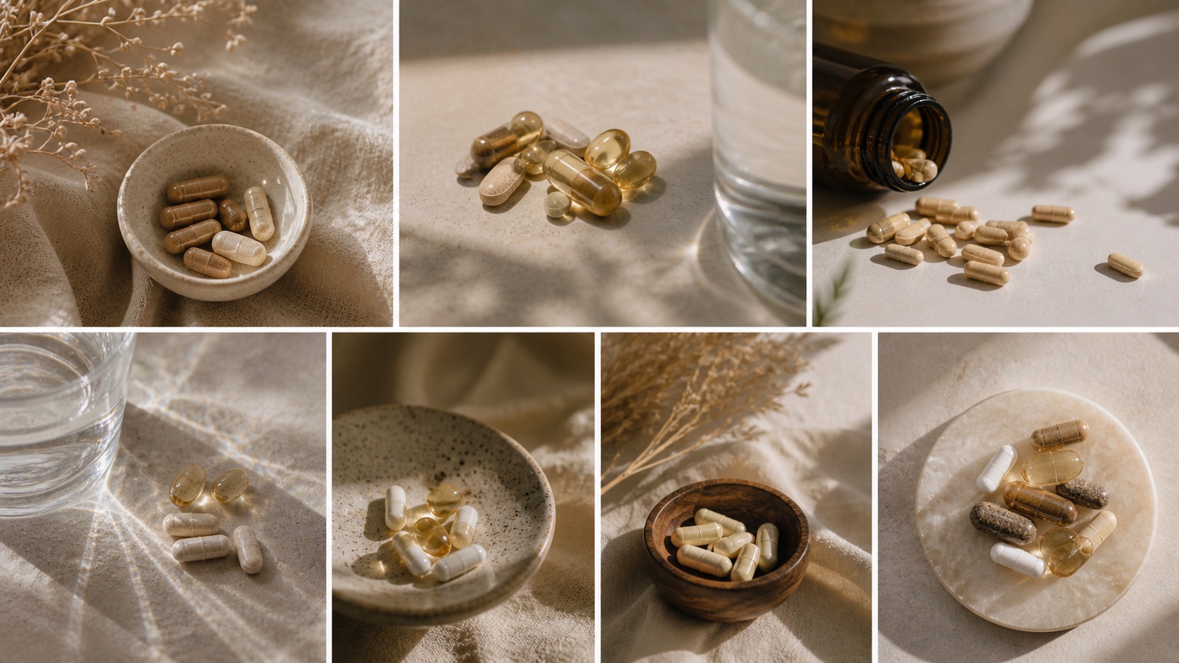 A grid of prenatal vitamin capsules, softgels, and tablets arranged in small ceramic and wooden dishes on neutral linen in soft natural light.