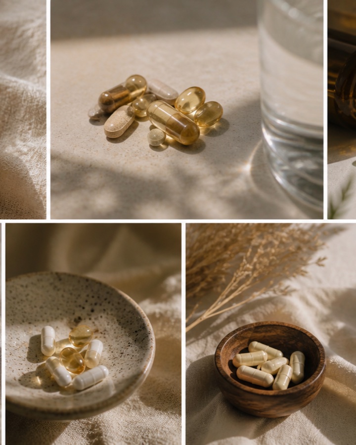 A grid of prenatal vitamin capsules, softgels, and tablets arranged in small ceramic and wooden dishes on neutral linen in soft natural light.