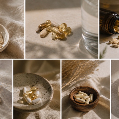 A grid of prenatal vitamin capsules and softgels arranged in small ceramic dishes on neutral linen