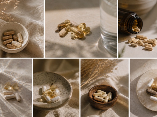 A grid of prenatal vitamin capsules, softgels, and tablets arranged in small ceramic and wooden dishes on neutral linen in soft natural light