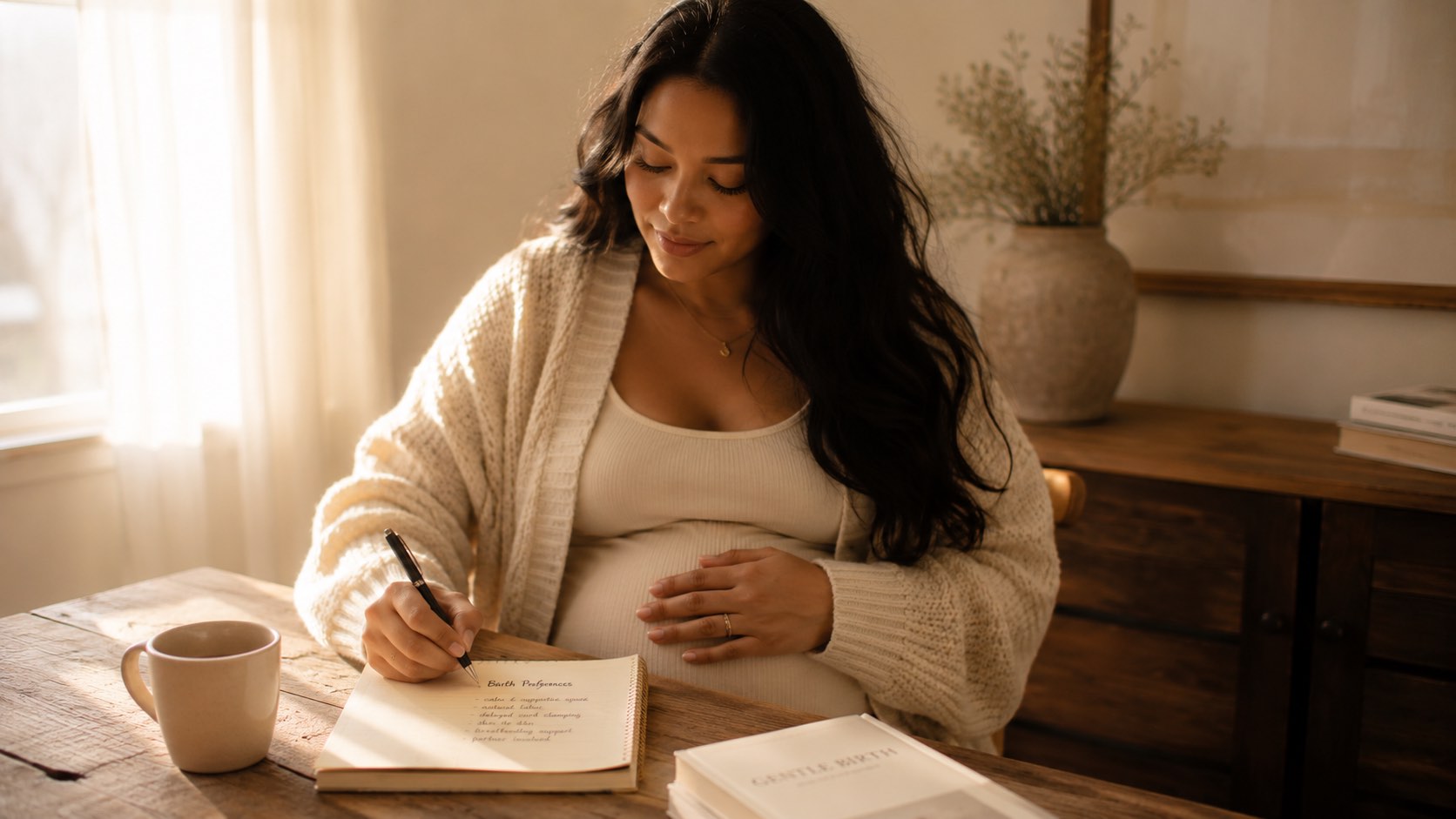 A pregnant woman in a cream slip dress sits at the window of a soft, sunlit room, one hand resting on her belly, looking out into morning light.