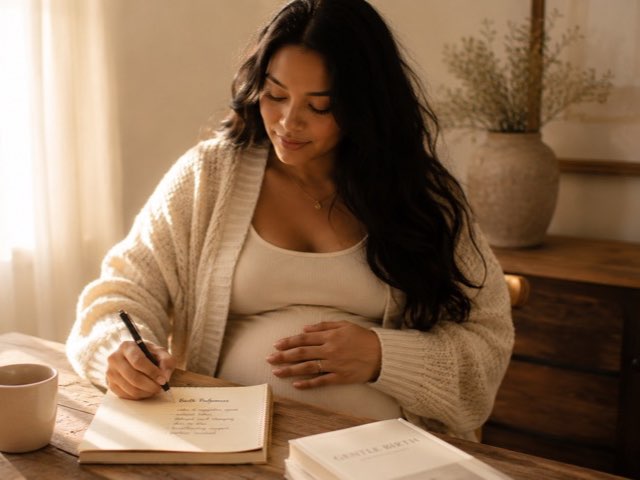 A pregnant woman in cream writing her birth preferences in a notebook by a sunlit window.