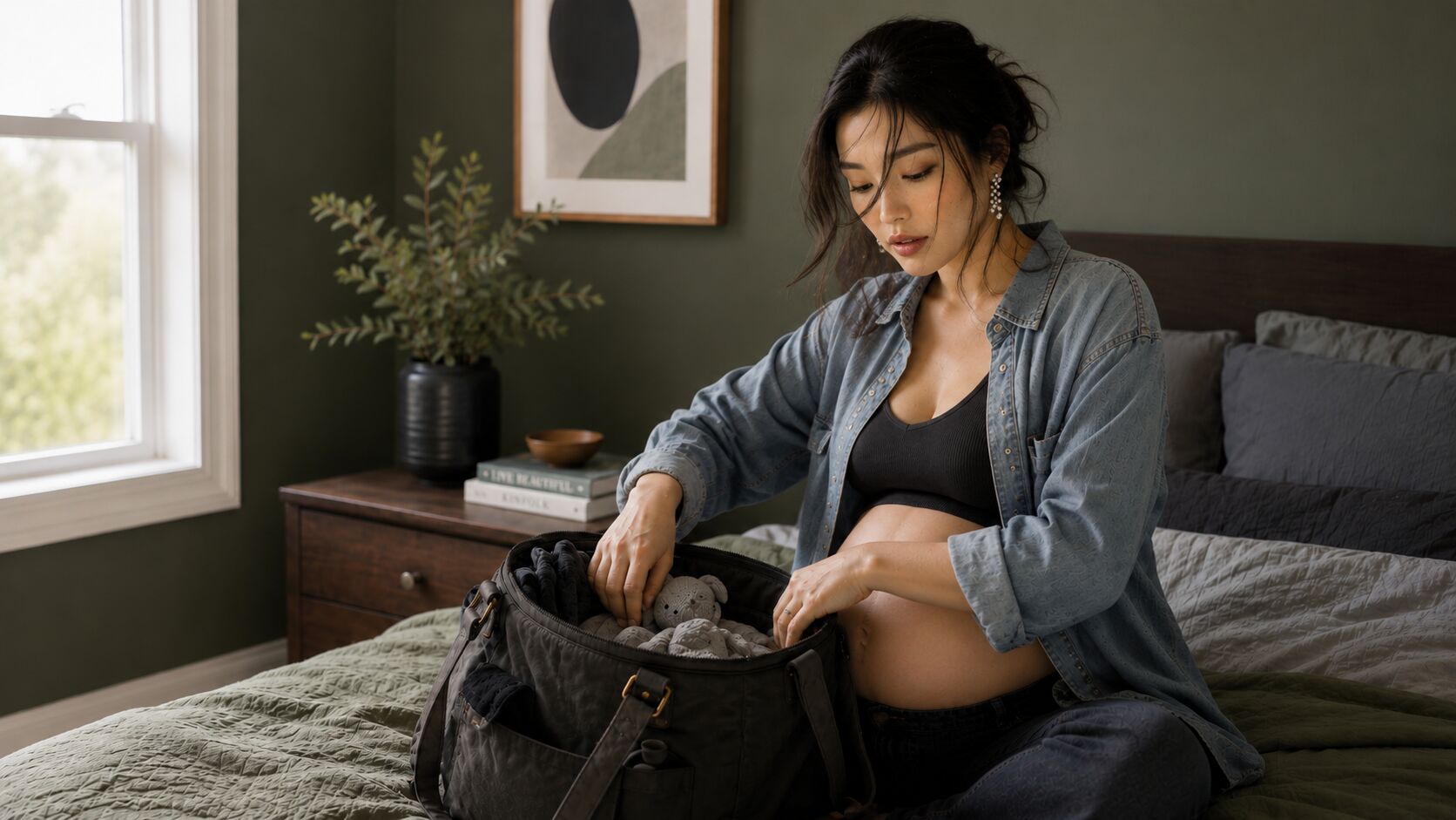 A pregnant woman in a denim shirt sits on a bed in a calm green bedroom, packing a soft grey diaper bag with folded clothes and a knit teddy.