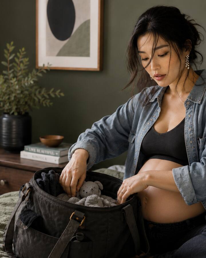 A pregnant woman in a denim shirt packing a soft grey diaper bag on a bed in a calm green bedroom.
