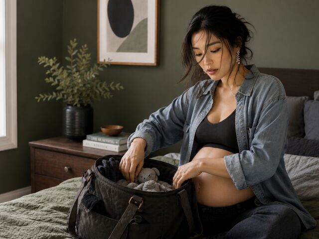 A pregnant woman in a denim shirt packing a soft grey diaper bag on a bed.