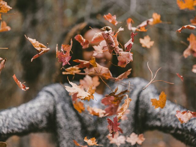 A woman in a grey knit sweater stands in an autumn wood with her arms flung wide as a flurry of red and orange maple leaves fills the air in front of her.