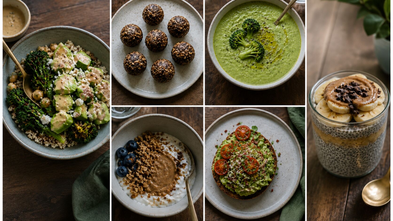 A grid of wholesome family dishes on a dark wood table — a broccoli grain bowl, oat energy balls, green soup, yogurt with granola, avocado toast, and a chia-banana pudding.