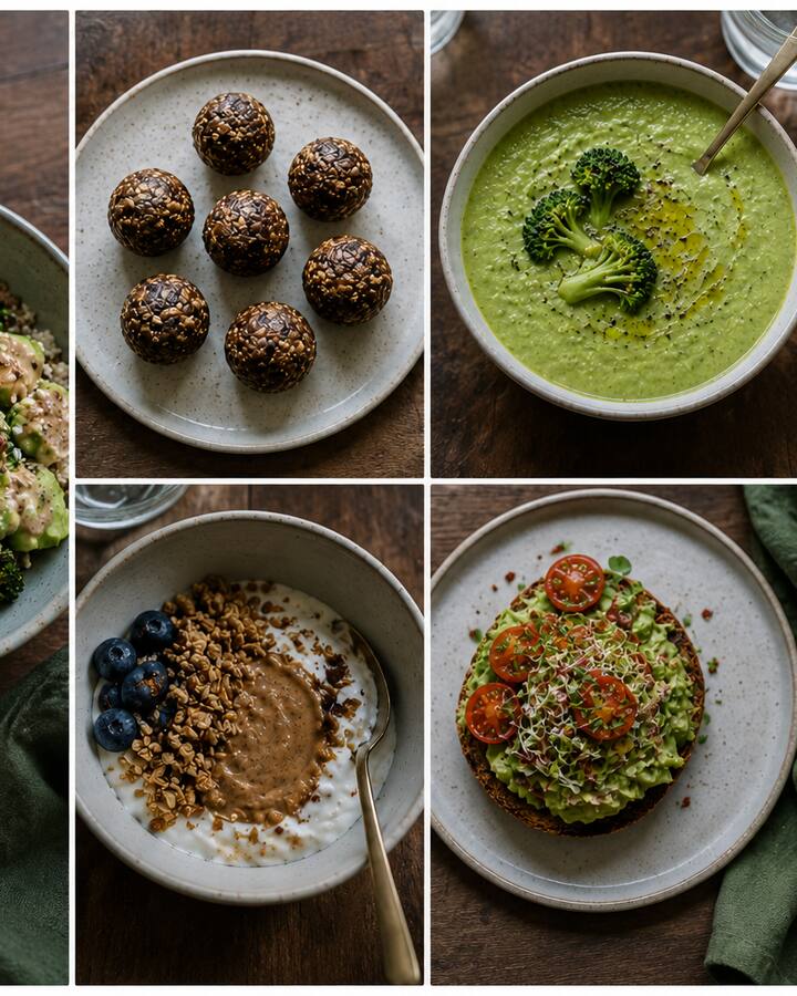 A grid of wholesome family dishes on a dark wood table — a broccoli grain bowl, oat energy balls, green soup, yogurt with granola, avocado toast, and a chia-banana pudding.