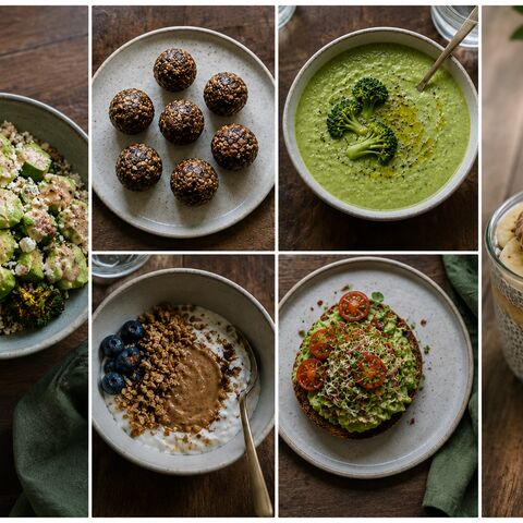 A grid of wholesome family dishes — a grain bowl, energy balls, green soup, yogurt with granola, avocado toast, and a chia pudding.