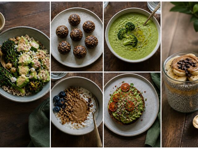A grid of wholesome family dishes on a dark wood table — a grain bowl, energy balls, green soup, yogurt with granola, avocado toast, and a chia pudding.