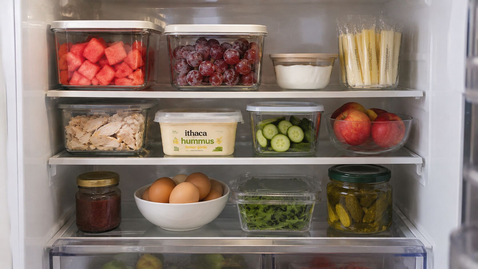 An open refrigerator stocked with first-trimester safe foods — cubed watermelon, red grapes, cheese sticks, yogurt, sliced cucumber, apples, hummus, a bowl of eggs, fresh herbs, and pickles arranged across glass shelves.