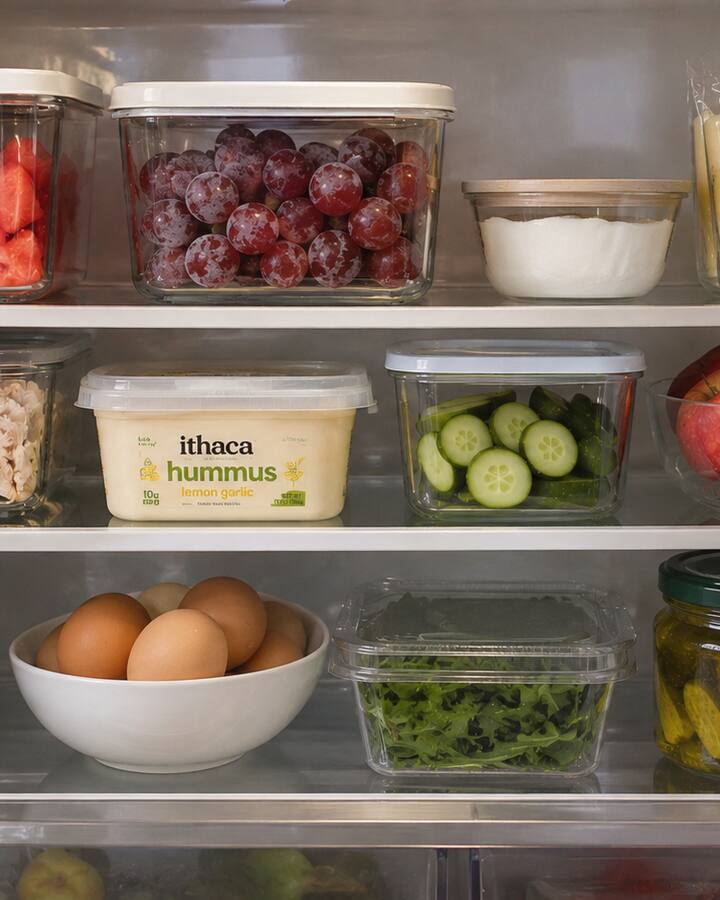 An open refrigerator stocked with first-trimester safe foods — watermelon, grapes, cheese sticks, yogurt, cucumber, apples, hummus, eggs, and pickles.