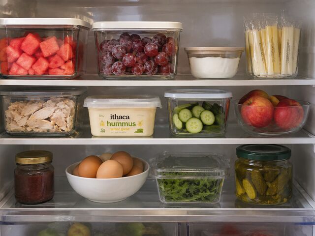 An open refrigerator stocked with first-trimester safe foods — watermelon, grapes, cheese sticks, yogurt, cucumber, apples, hummus, eggs, and pickles.