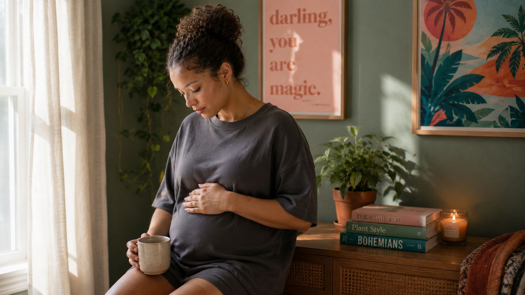 A pregnant woman in a grey t-shirt sits by a window holding a mug, one hand resting on her belly, looking down.