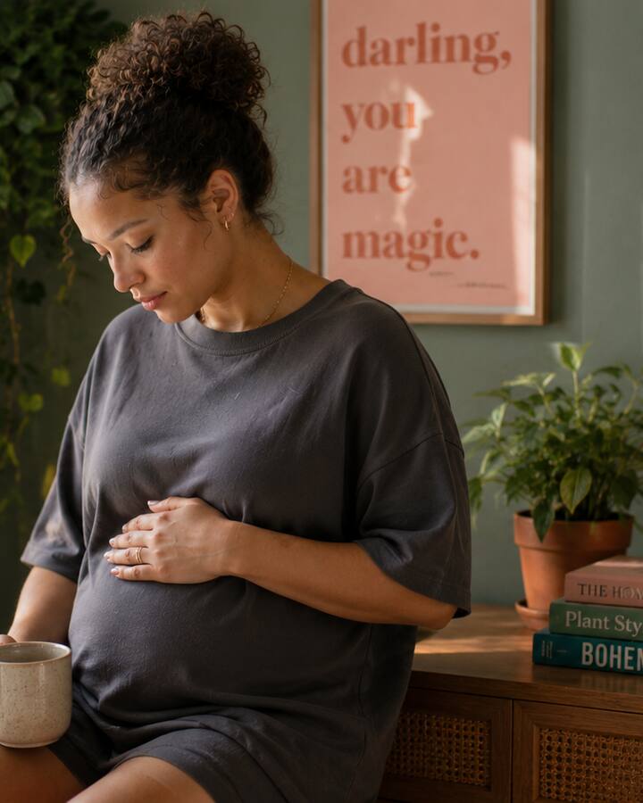 A pregnant woman in a grey t-shirt sits by a window holding a mug, one hand resting on her belly.