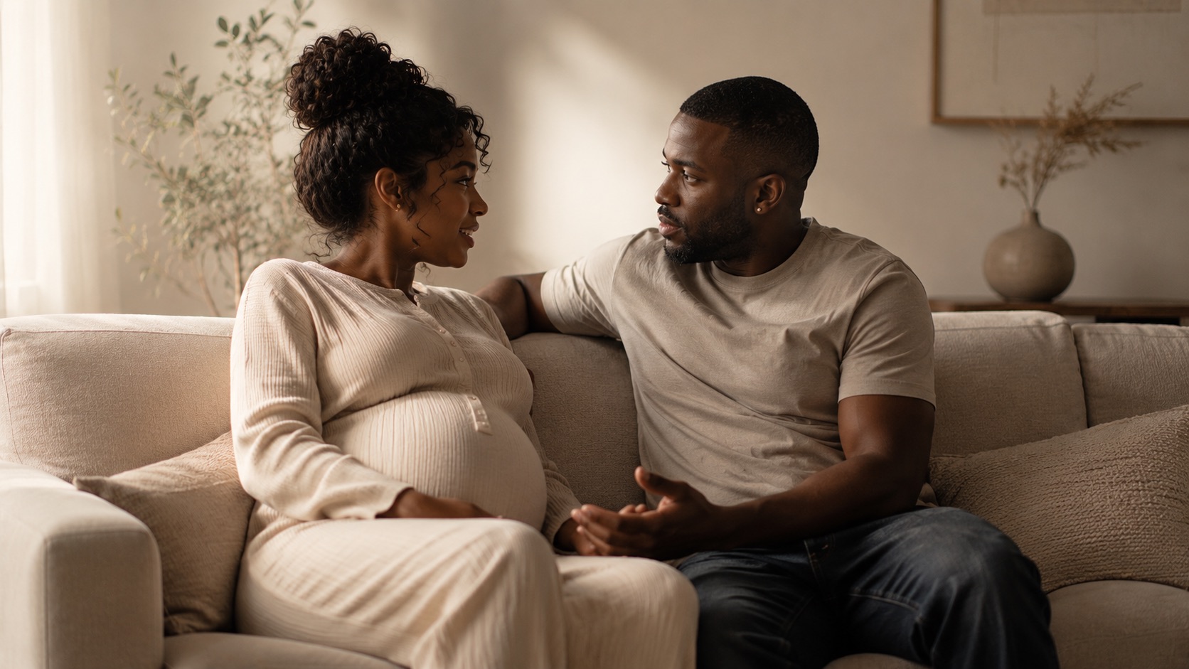 A pregnant woman and her partner sit close together on a cream sofa in soft light, turned toward each other mid-conversation.