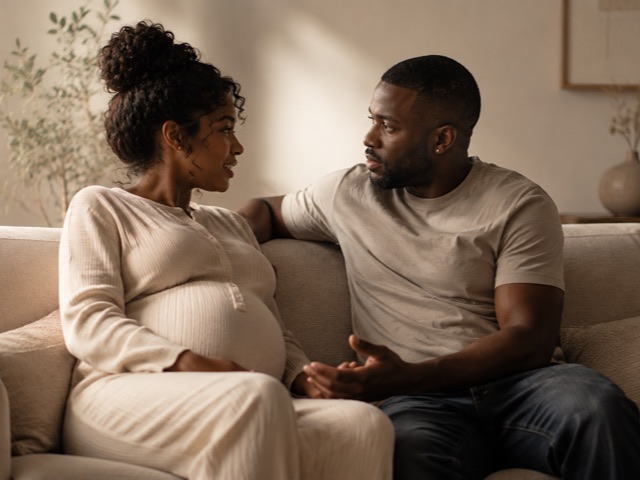 A pregnant woman and her partner sit close together on a cream sofa, turned toward each other mid-conversation.
