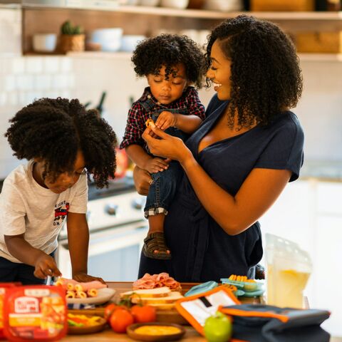 A smiling mother holds her toddler while her older child helps assemble food at a kitchen counter.