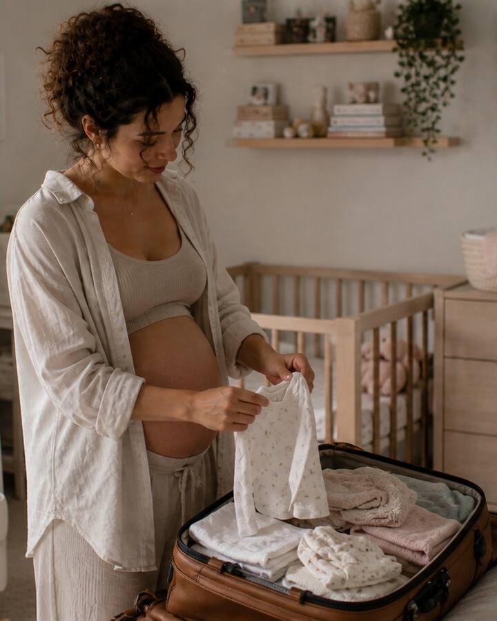 A pregnant woman packing tiny baby clothes into an open suitcase in a softly lit nursery.
