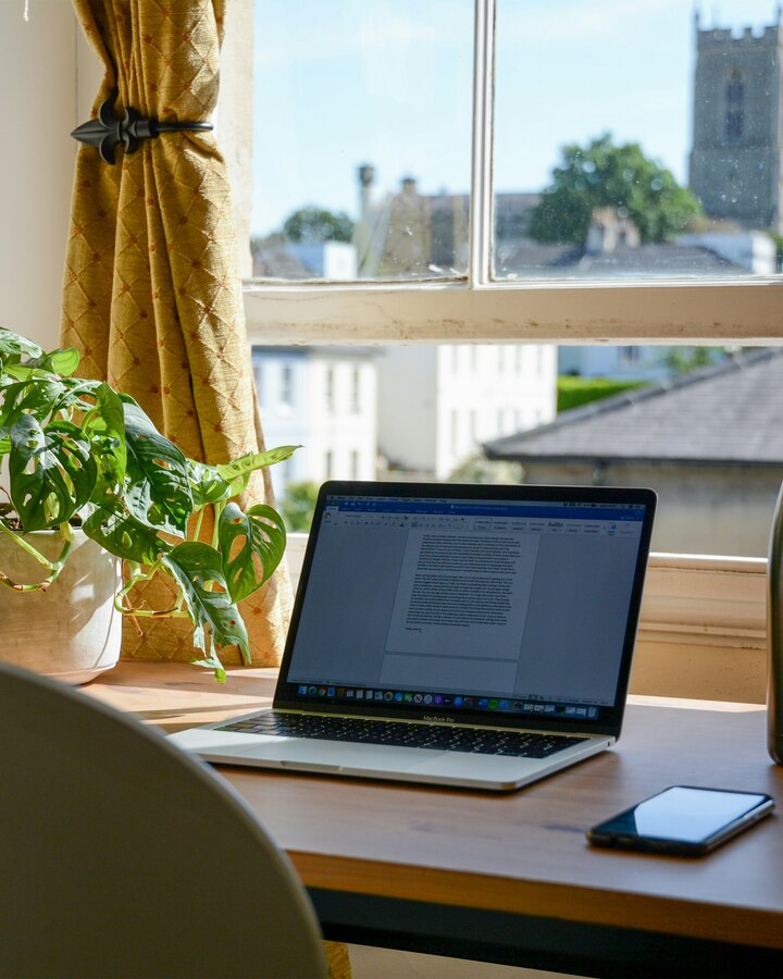 A laptop open on a sunlit wooden desk beside a leafy plant, a water bottle, and a phone, looking out a window over rooftops.