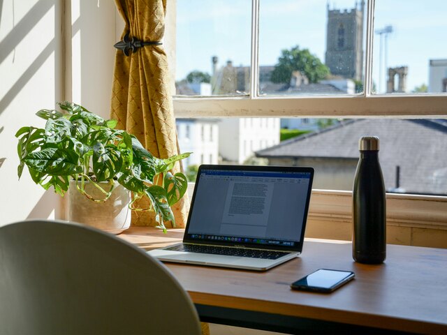 A laptop open on a sunlit wooden desk beside a leafy plant, a water bottle, and a phone, looking out a window over rooftops.