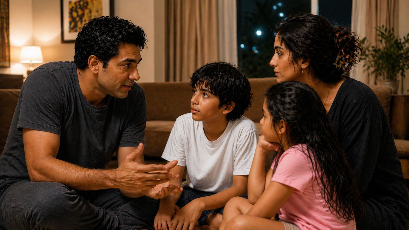 A mother and father sit on the floor with their two children in a warmly lit living room at night, talking gently and listening.