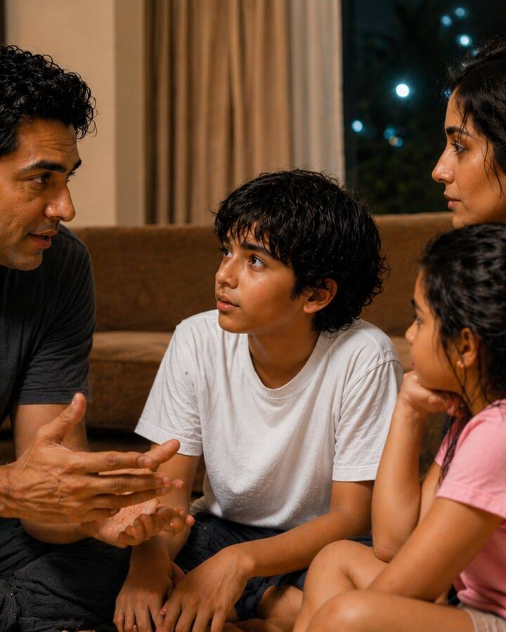 A mother and father sit on the floor with their two children in a warmly lit living room at night, talking gently.