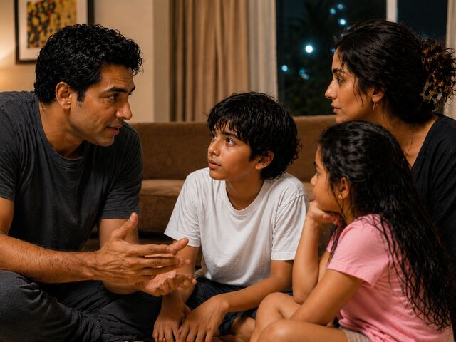 A family sitting together on the floor in gentle conversation.