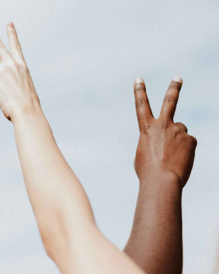 Two raised arms of different skin tones make peace signs against a pale blue sky, beside the back of a blonde woman's head.