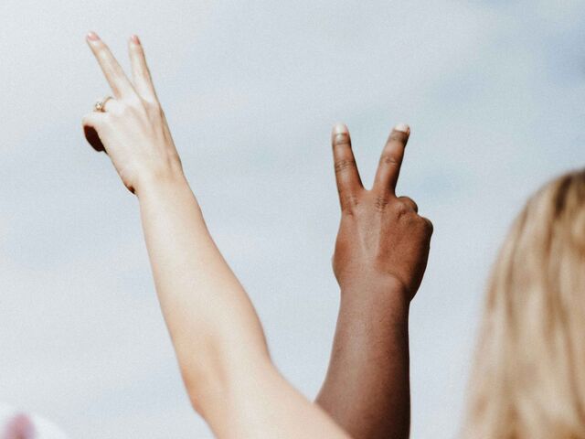 Two raised arms of different skin tones make peace signs against a pale blue sky, beside the back of a blonde woman's head.