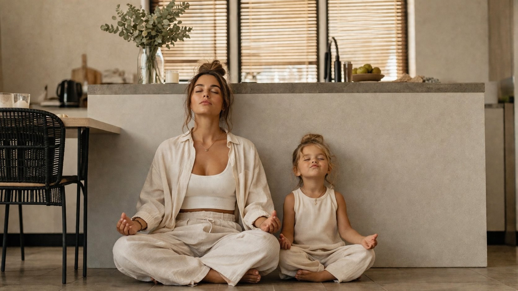 A mother and daughter meditating on a kitchen floor.