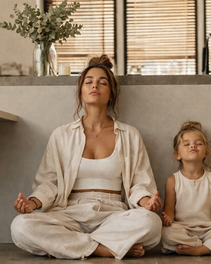 A mother and her young daughter sitting cross-legged on the kitchen floor, both meditating with eyes closed, in soft morning light.