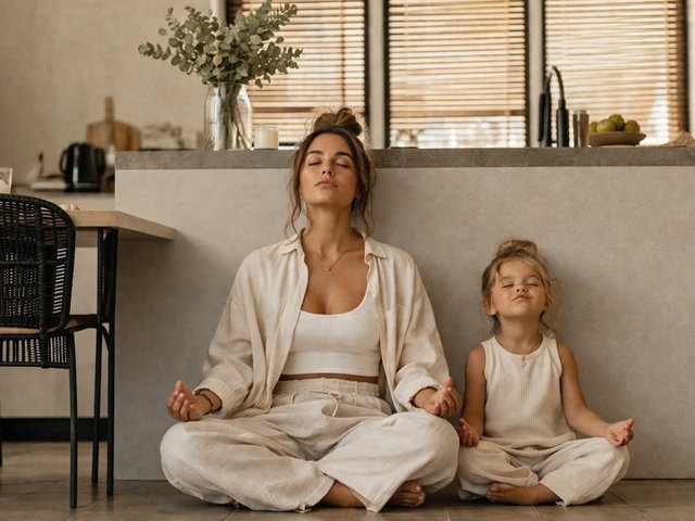 A mother and her young daughter sit cross-legged on the kitchen floor, both meditating with eyes closed in soft morning light.