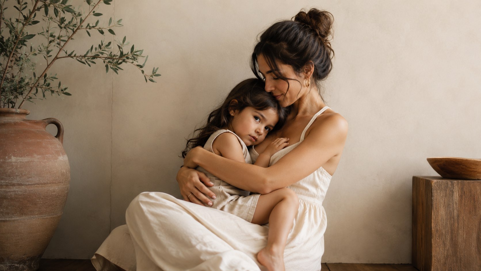 A mother in cream linen sits against a soft plaster wall, holding her young daughter close beside an olive branch in a terracotta pot.