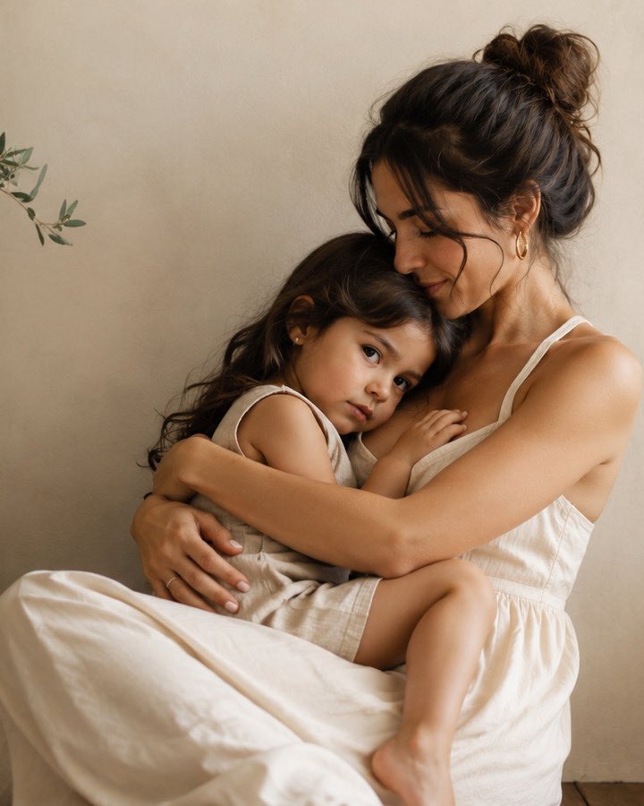 A mother in cream linen sits against a soft plaster wall, holding her young daughter close beside an olive branch in a terracotta pot.