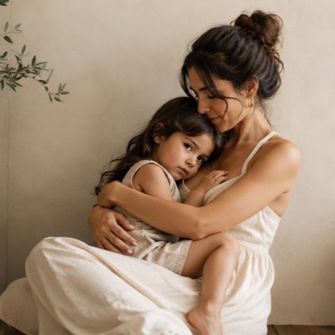 A mother in cream linen holds her young daughter close in soft natural light.