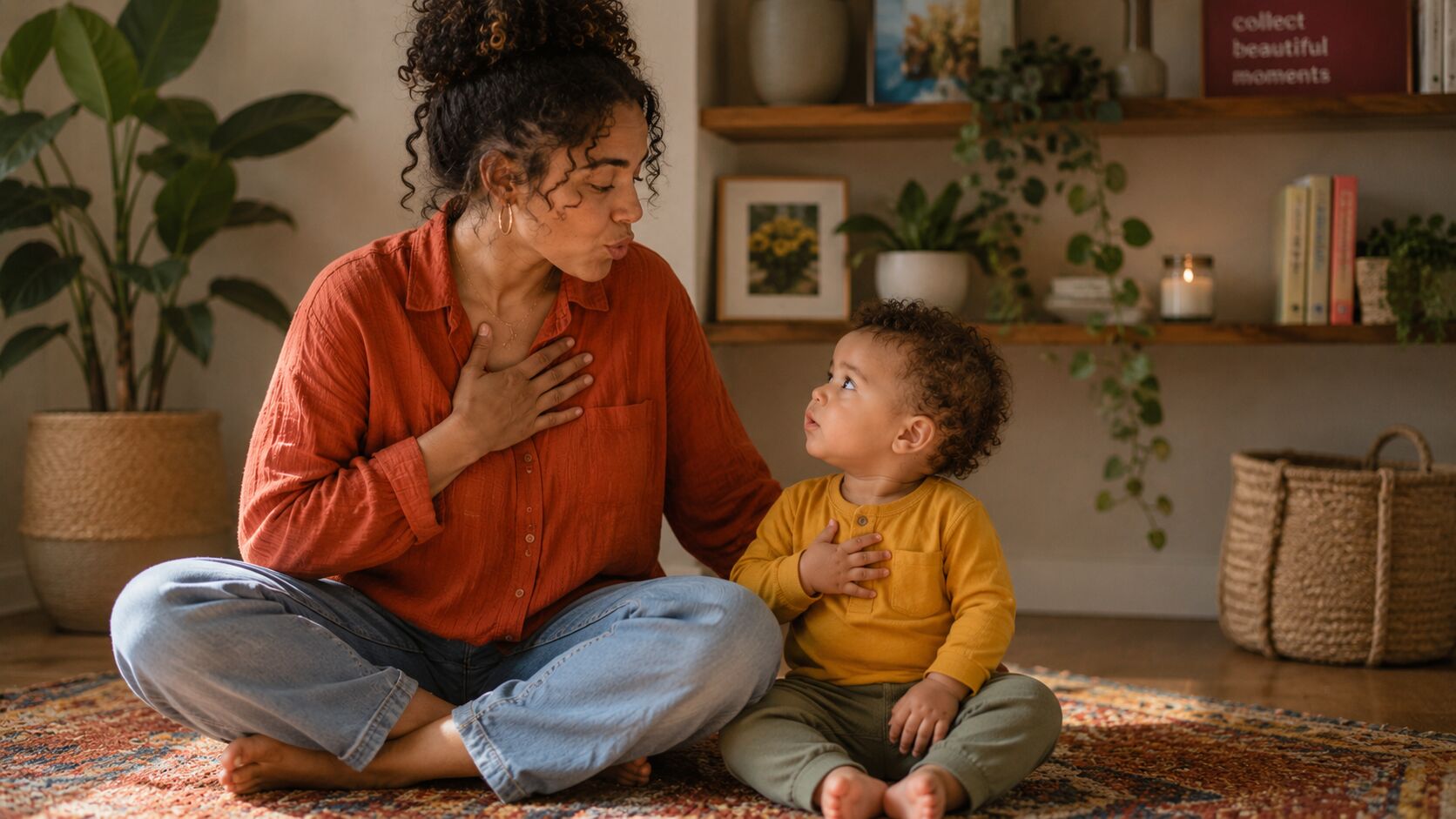 A mother in a rust shirt sits cross-legged on a patterned rug with a hand on her chest, breathing slowly, as her toddler in yellow mirrors her with a hand on his own chest.